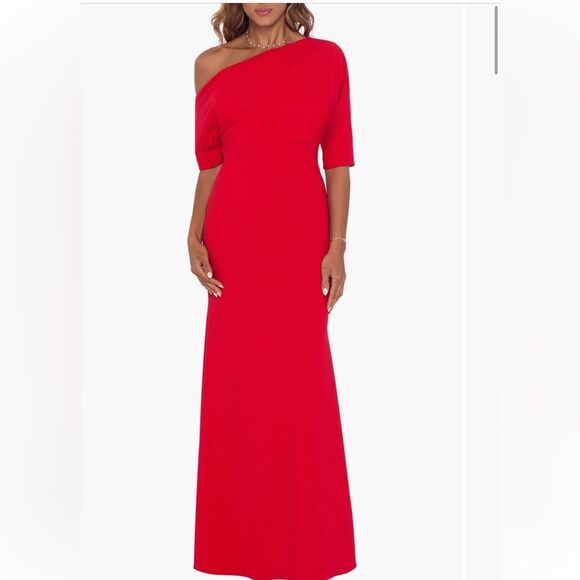 Betsy & Adam One Shoulder Crepe Scuba Trumpet Gown NWT - Picture 1 of 5